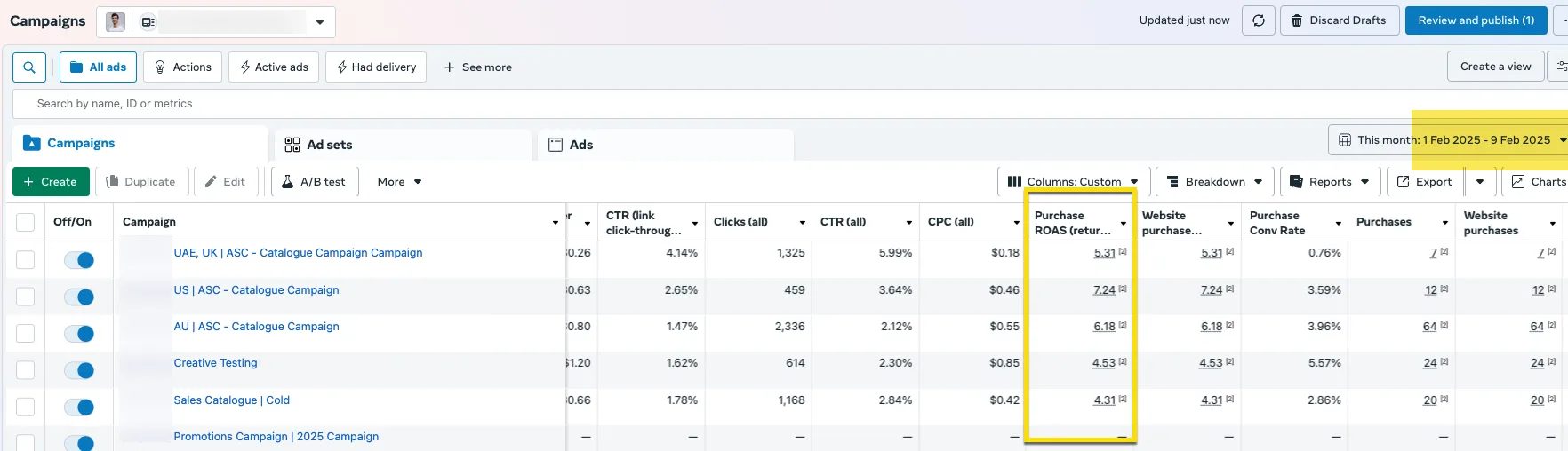 Meta Ads Manager screenshot for 1 to 9 February 2025 showing five campaigns with purchase return on ad spend between 4.31 and 7.24