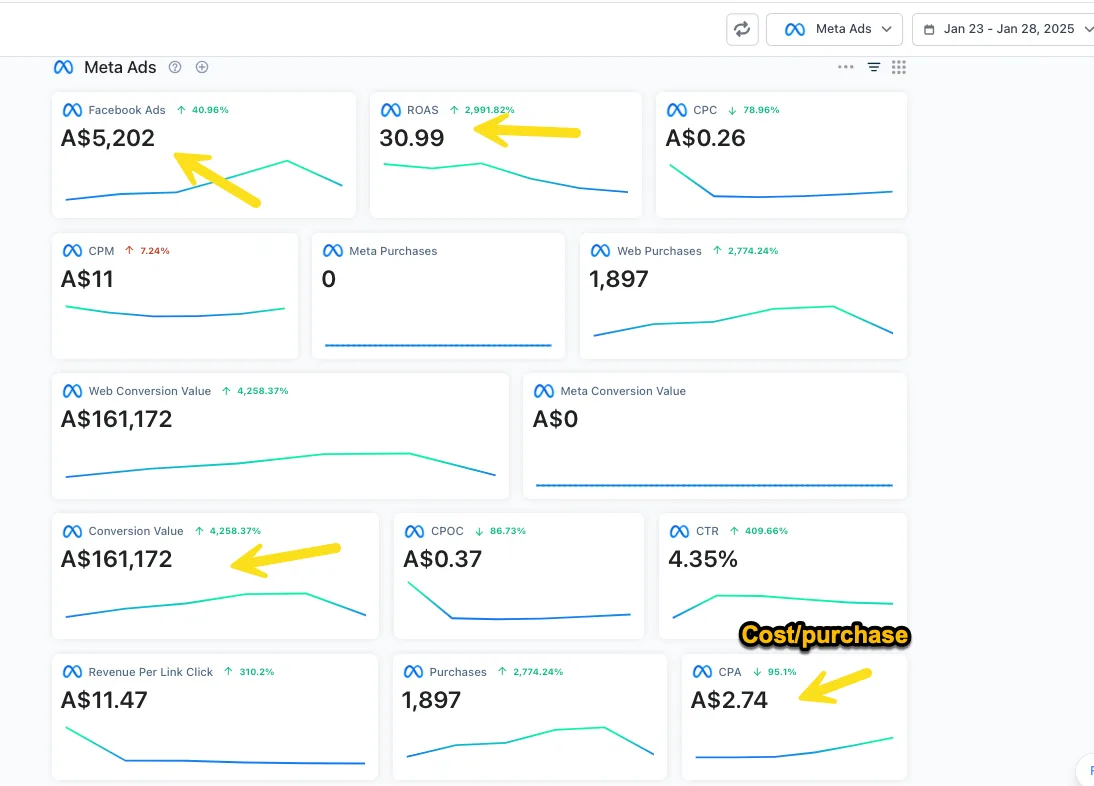 Meta Ads dashboard for 23 to 28 January 2025 showing A$5,202 spend, 1,897 web purchases and a cost per purchase of A$2.74